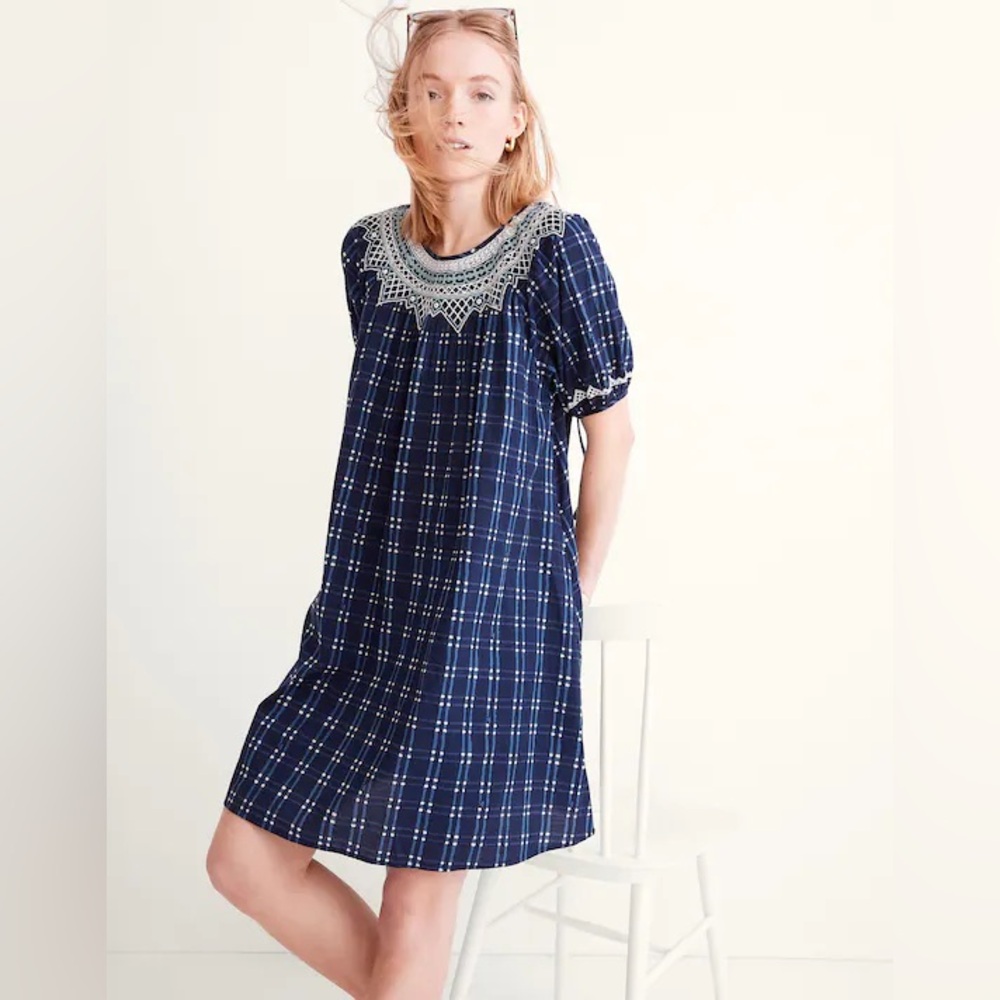 Madewell Embroidered Puff-Sleeve Babydoll Dress in Indigo Plaid